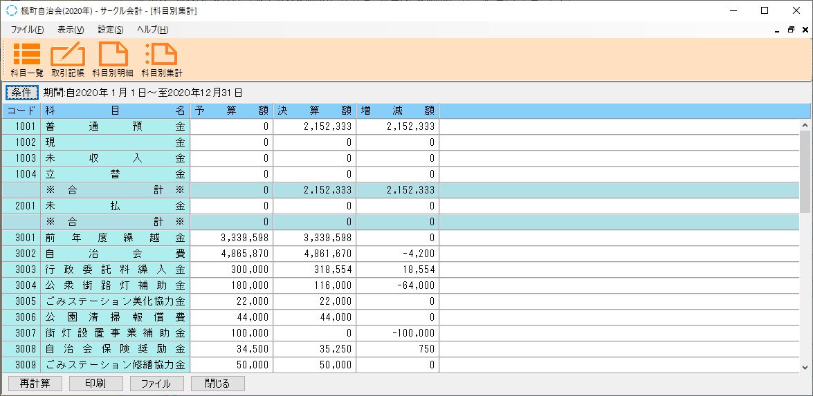 科目別集計画面